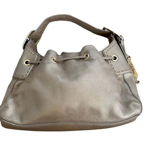 Cole Haan Metallic Gold Brass Leather Drawstring Shoulder Buckle Bag Purse Women - Picture 2 of 14